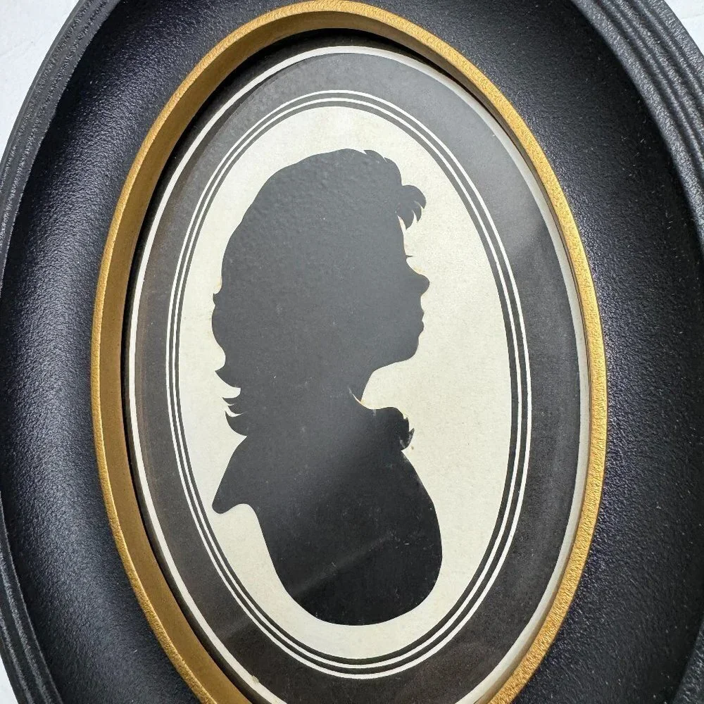 Vintage 60s Silhouette Black and White Picture  Lady Oval Frame